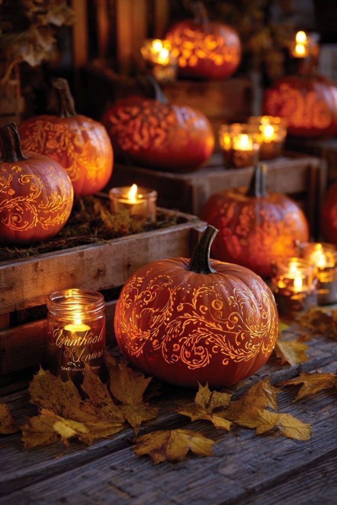 Lantern lit pumpkin evening walkway path