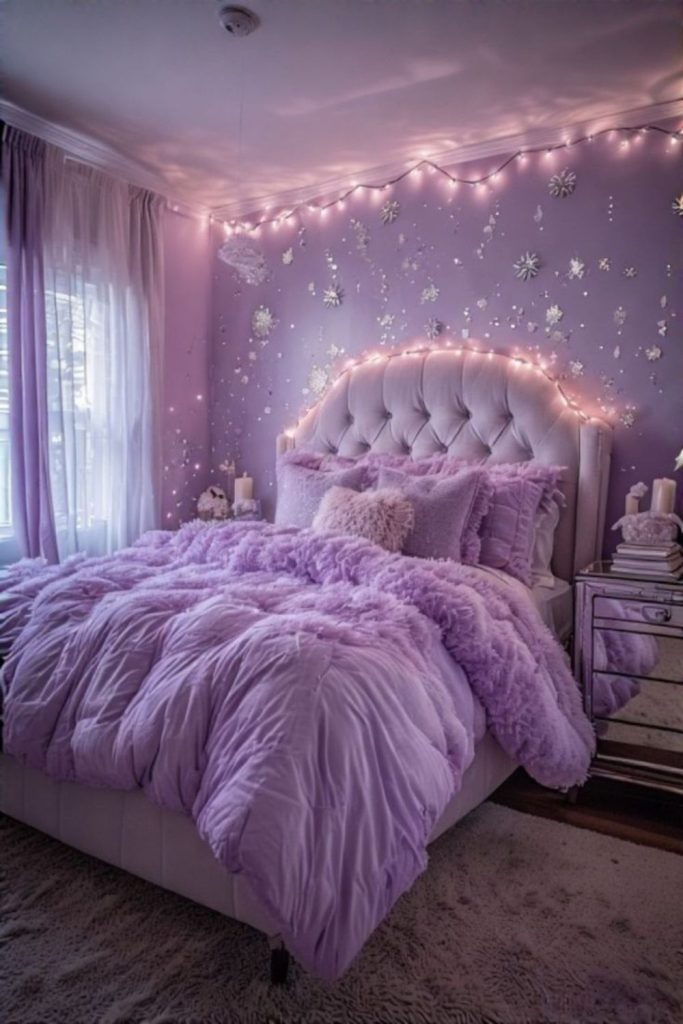 Purple glitter bedroom with glam vibes.