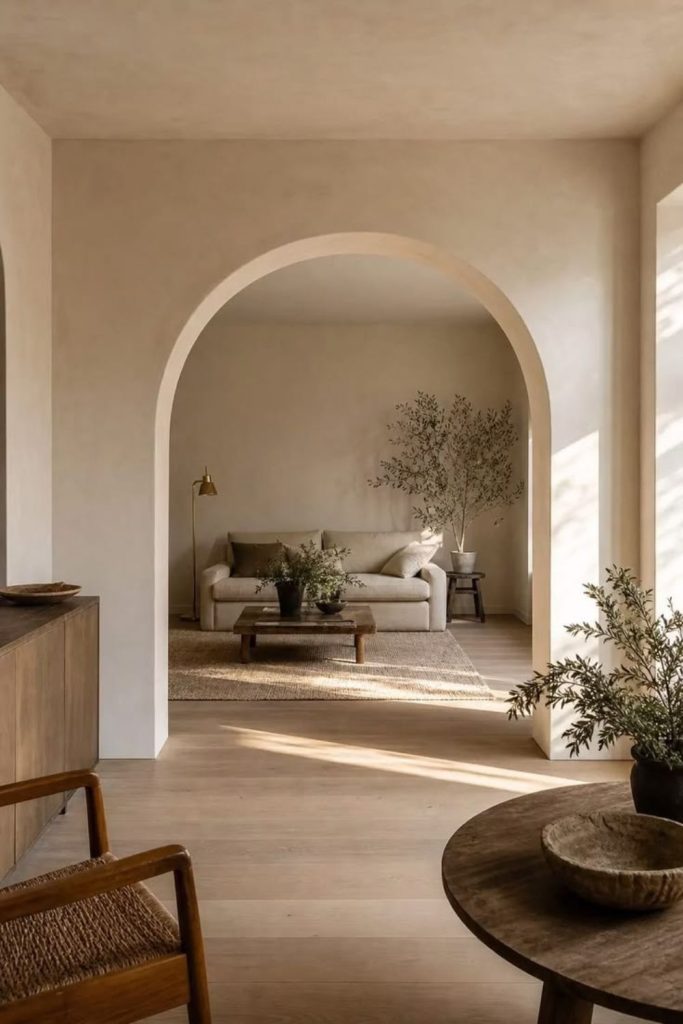 Elegant arched interior with neutral palette.