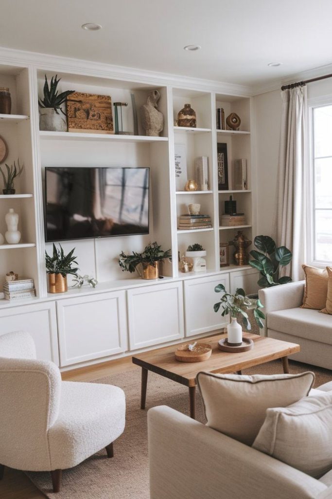 Luxurious neutral living room with wood.