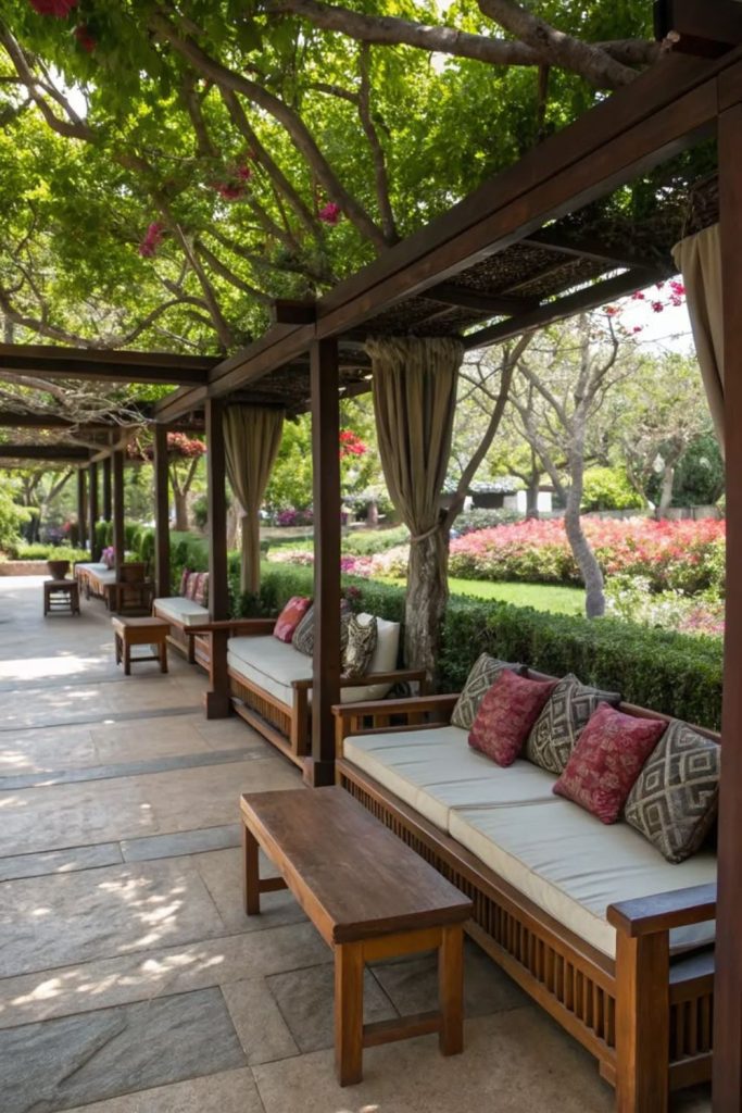Orchard picnic patio beneath fruit trees