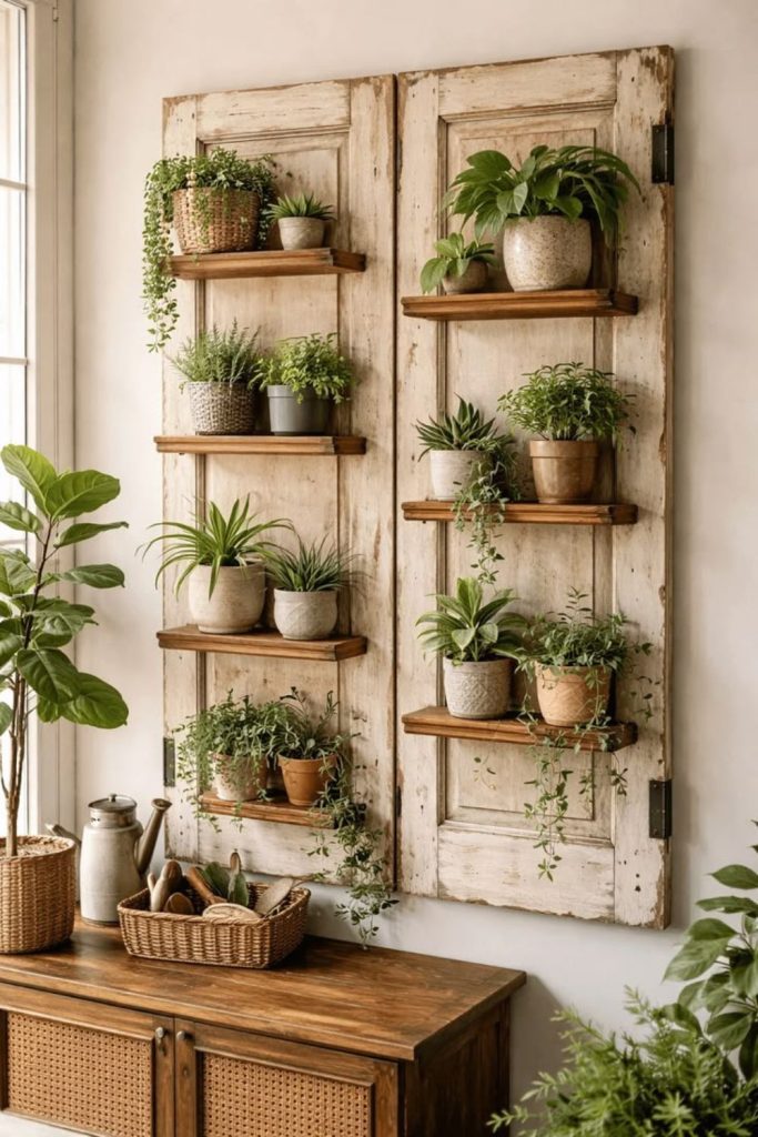 Repurposed door plant display shelving