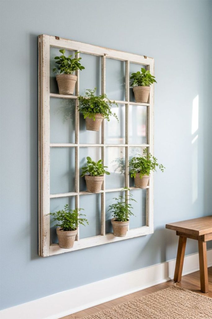 Vintage window frame plant rack.
