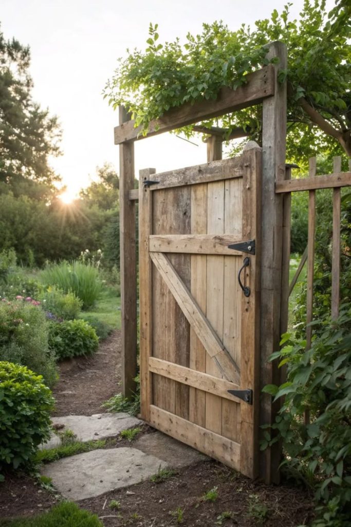 Reclaimed wood rustic farm entrance gate