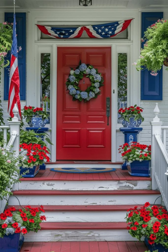 Vibrant porch with red walls blue stars and glowing festive string lights