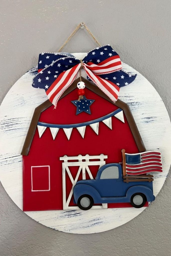 Red wagon filled with patriotic accents.