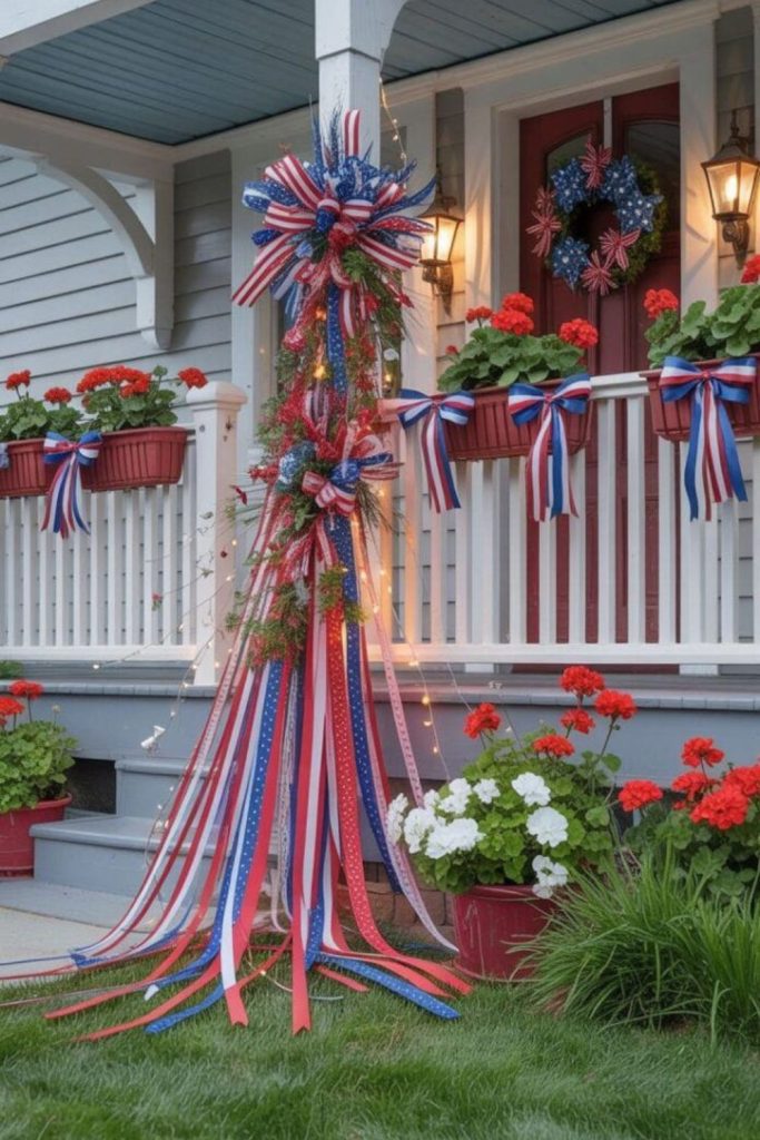 Trimmed topiaries wrapped in patriotic ribbons