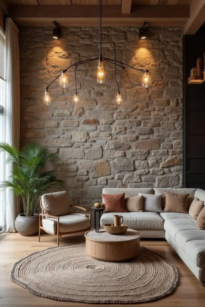 Marble accents beside warm walnut seating.