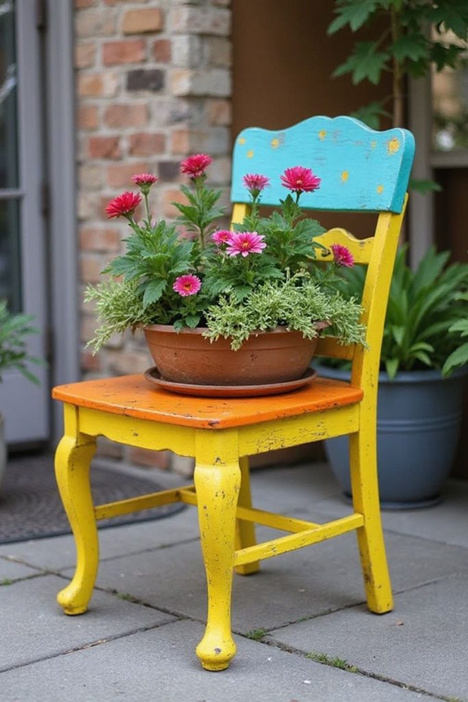 Old chair converted plant display stand