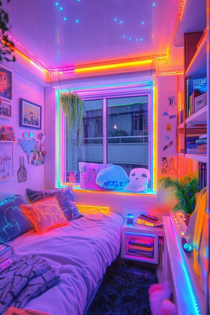 Retro arcade dorm with neon signs.