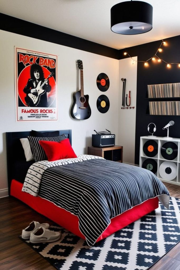 Rockstar-themed bedroom with music posters.