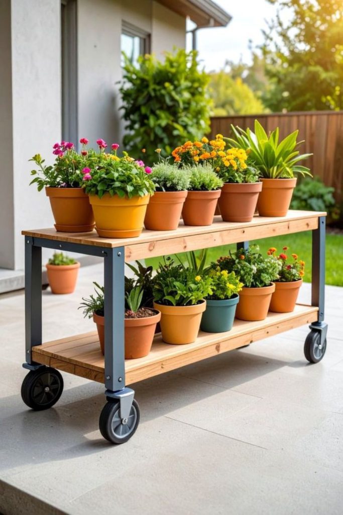 Rolling cart filled with plants.