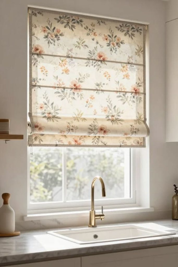 Elegant Roman fold kitchen window curtain design