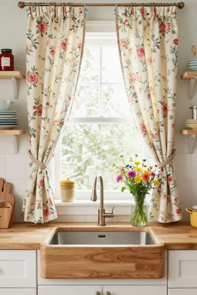 Rose pattern kitchen curtains soft romantic style