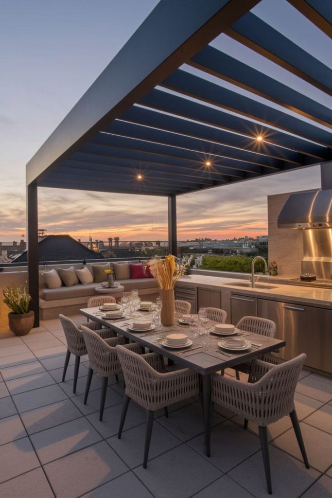 Rooftop skyline covered modern lounge deck