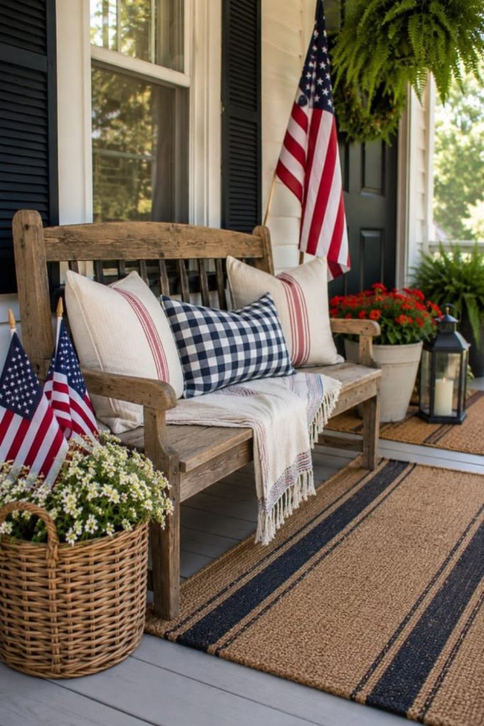 Wooden bench styled with patriotic decor