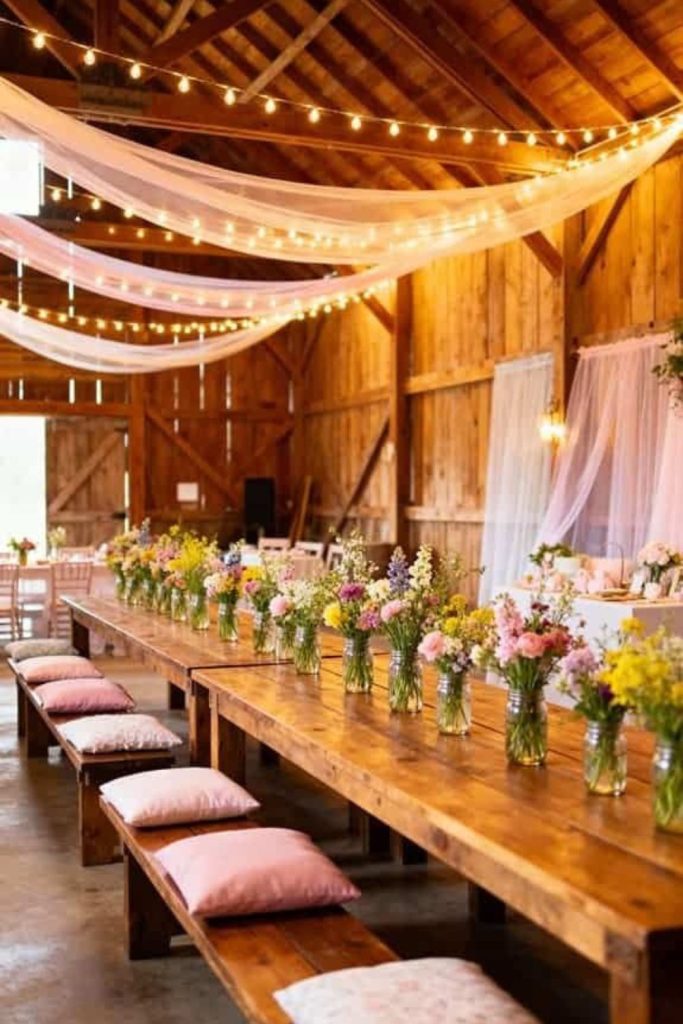 Rustic barn baby shower floral arrangement.