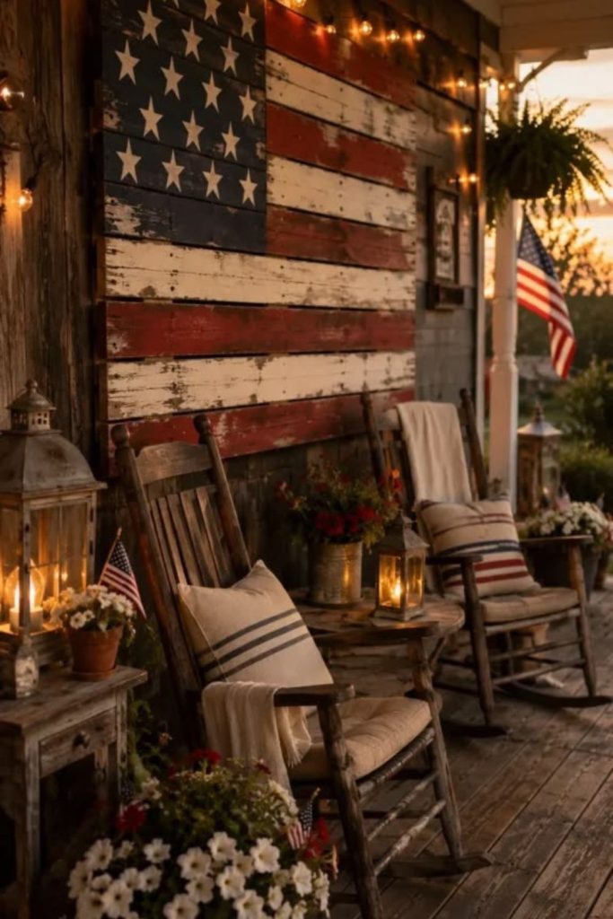 Barn style porch with hay accents flags and rustic patriotic decorations