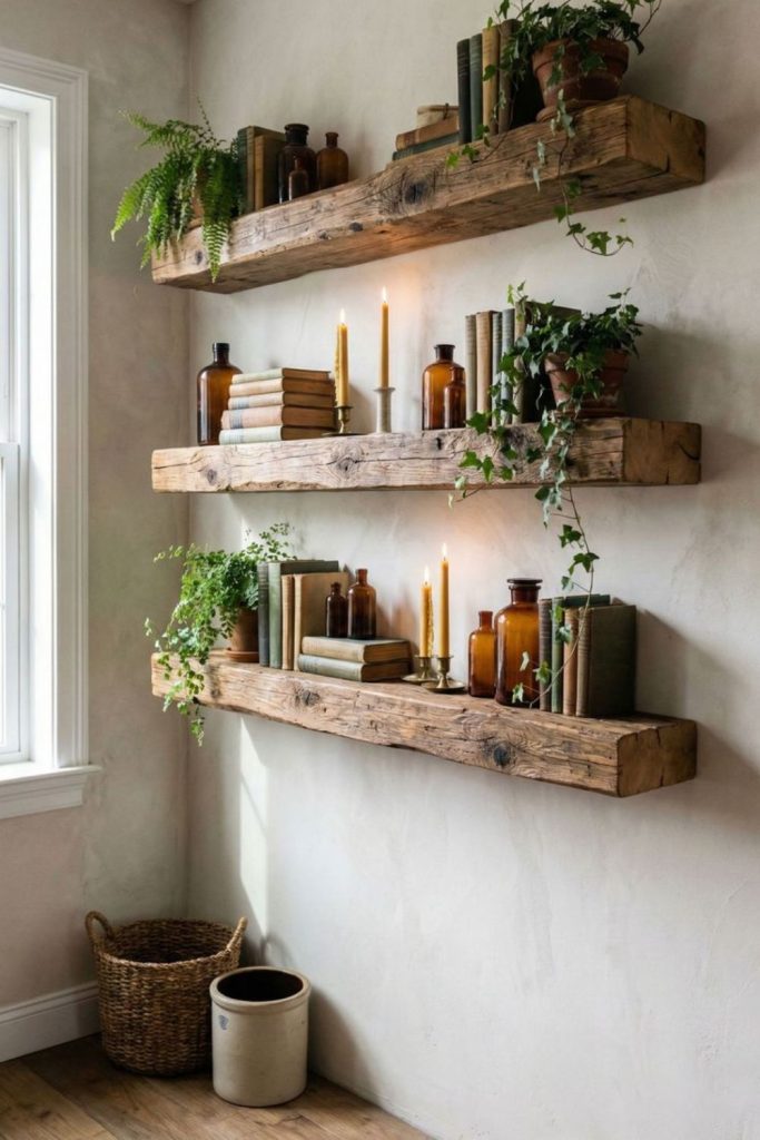 Rustic wooden beam shelf styling.