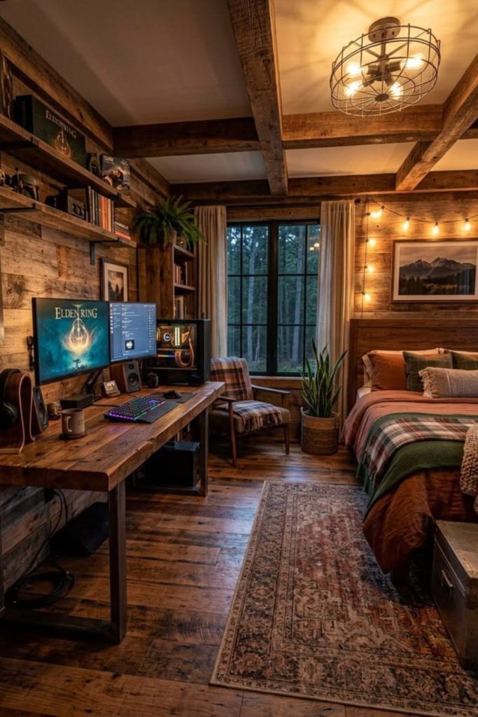 Cozy rustic men's cabin-inspired bedroom.