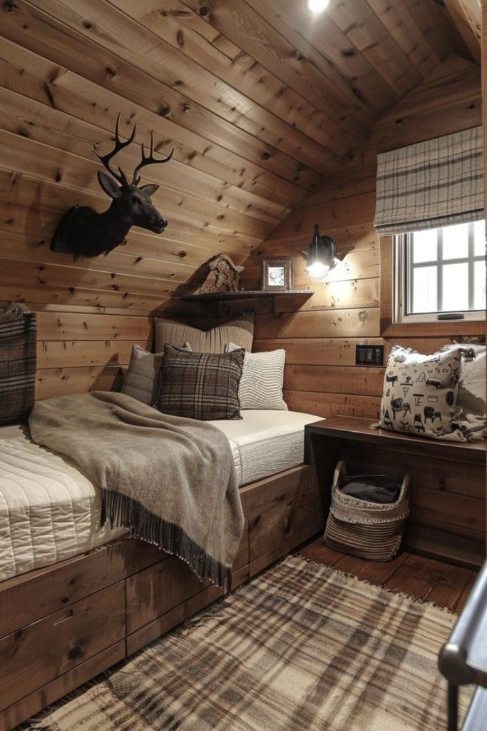 Rustic dorm featuring cozy wooden decor.