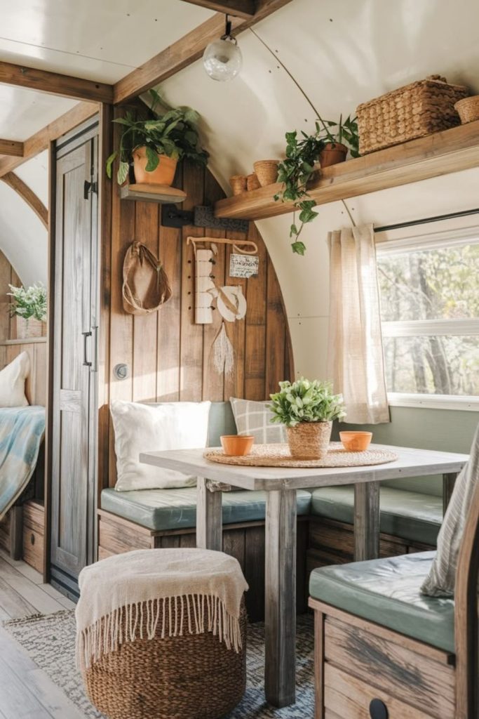 Cedar-lined camper featuring rustic comfort.