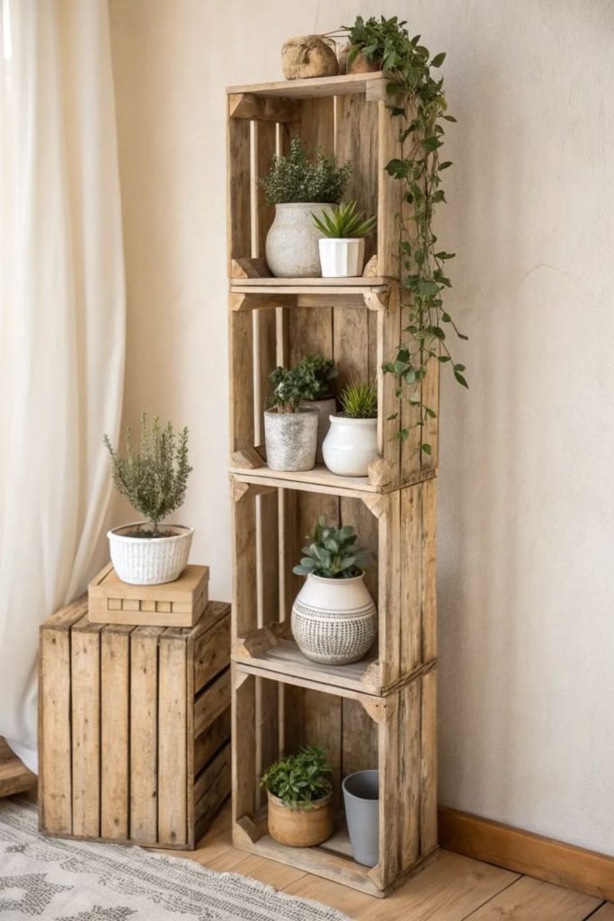Rustic crate plant stand with greenery.