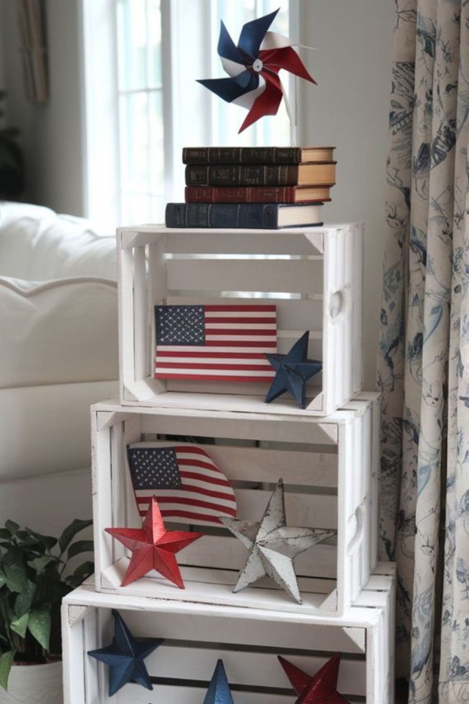 Wooden crate display stacked with American flags