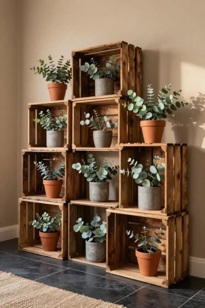 Stacked wooden crate plant storage shelf