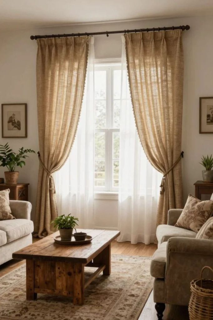 Rough burlap curtains earthy rustic texture