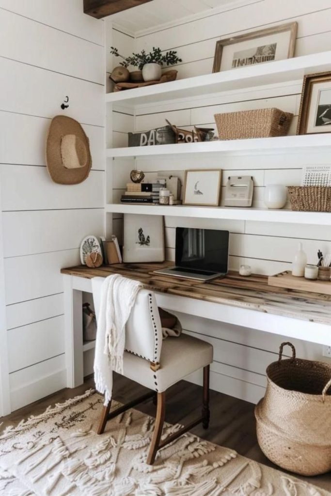Rustic farmhouse dorm desk styling.