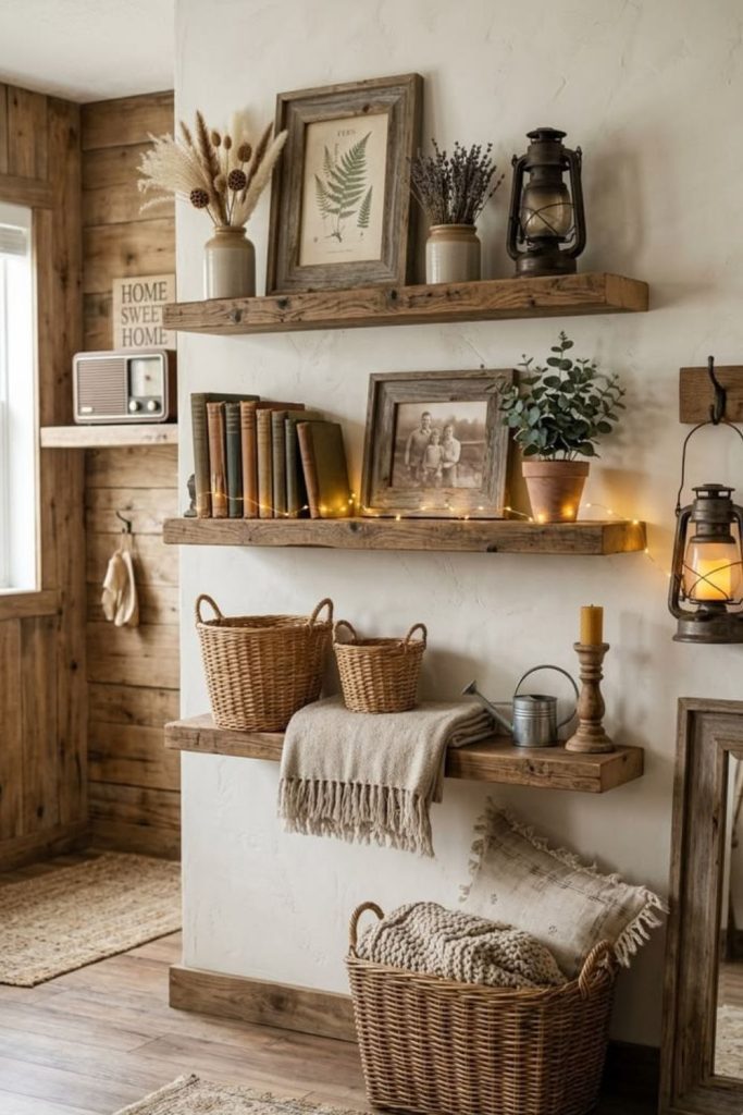 Rustic farmhouse shelf styling ideas.
