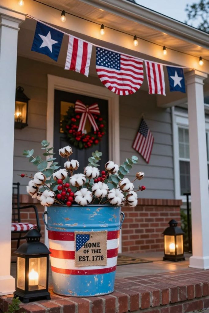 Rustic barrels filled with flowers flags and warm patriotic porch styling