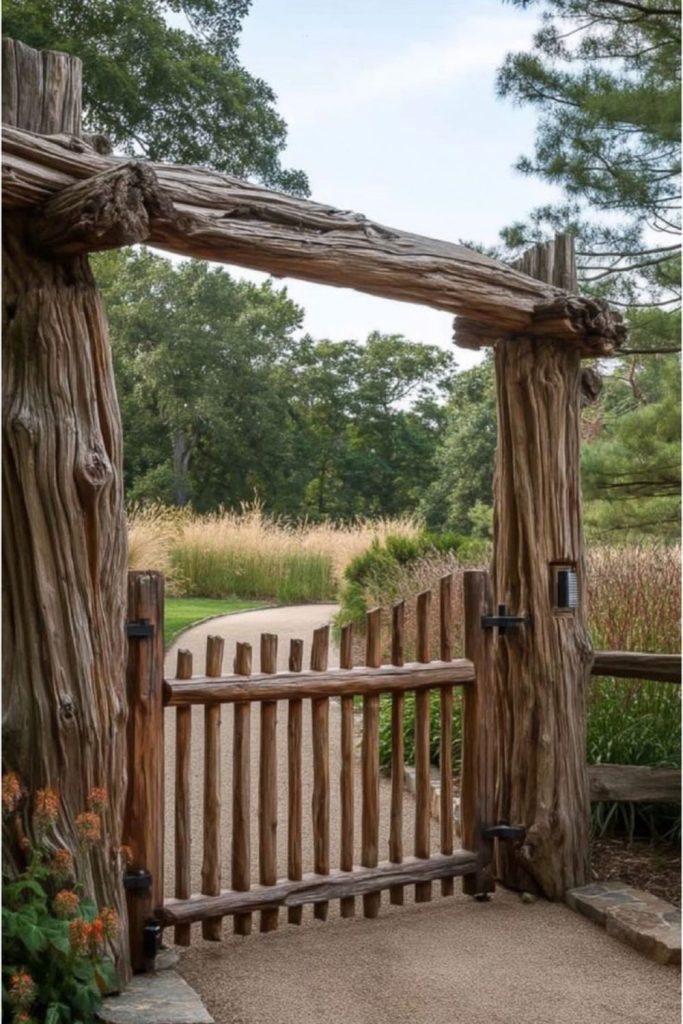 Weathered timber orchard swing entrance gate