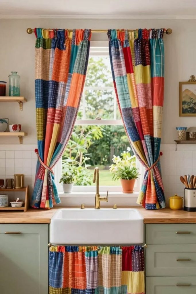 Patchwork kitchen curtains rustic handmade style