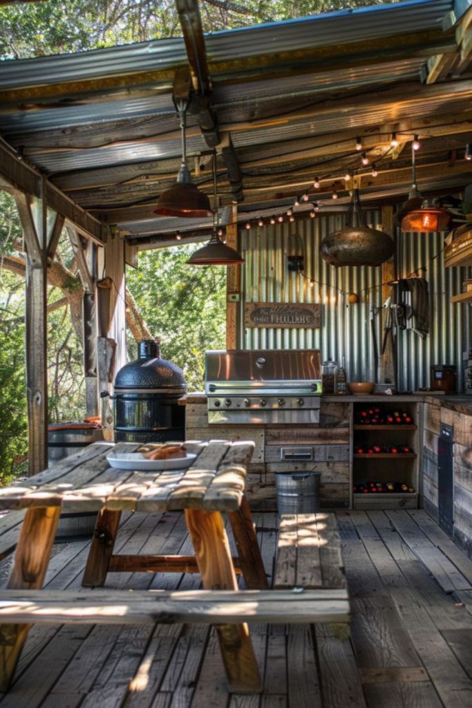Rustic riverbank covered outdoor kitchen design.
