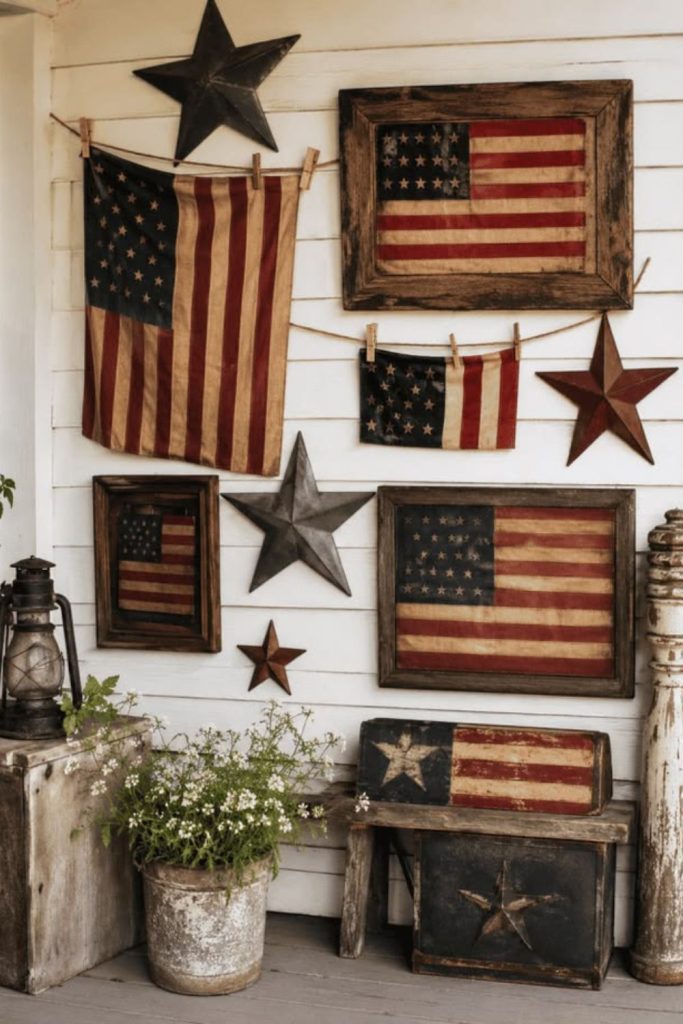 Wooden star porch with rustic textures flags and glowing patriotic accents