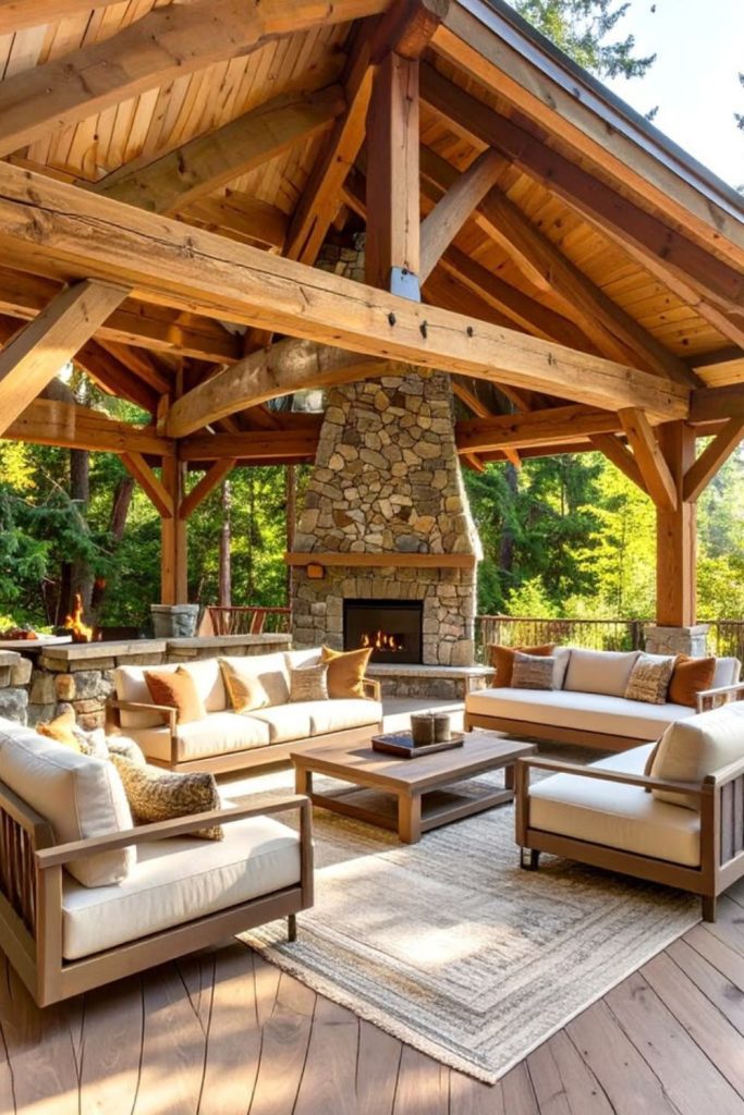 Rustic timber patio with warm firepit glow