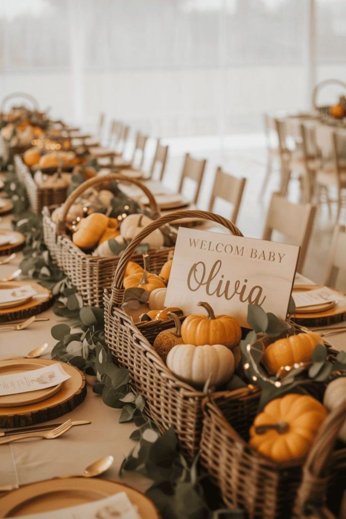Wooden pumpkin gift bridge table setup