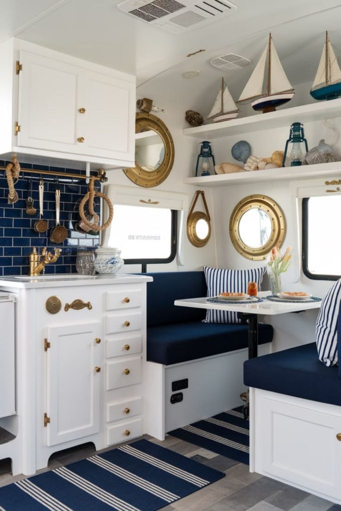 Blue coastal camper with woven textures.
