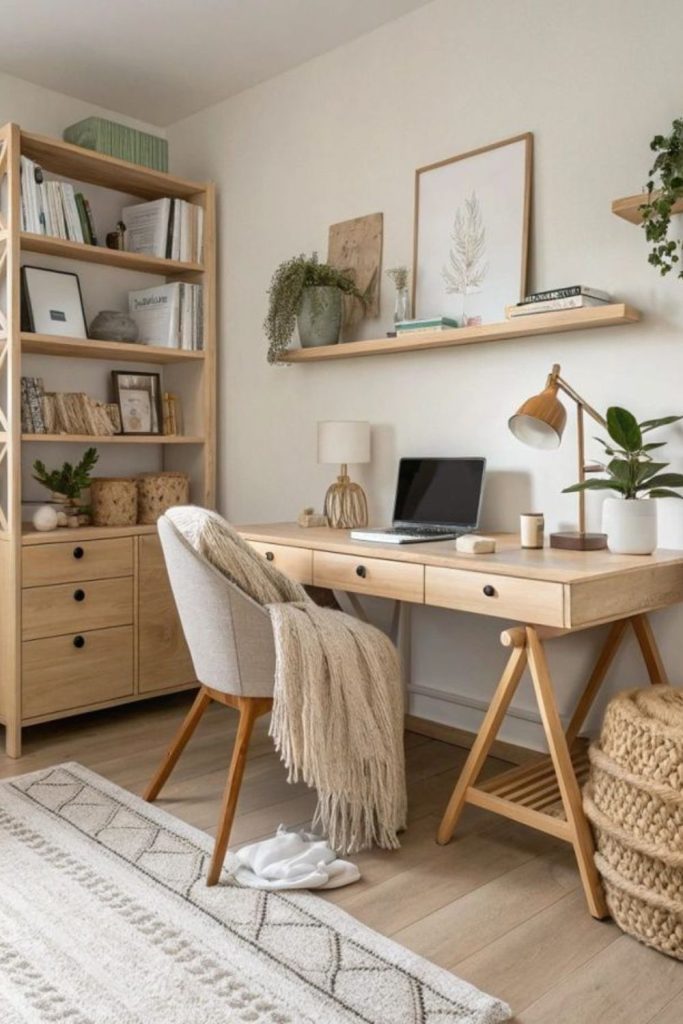 Scandinavian oak minimalist dorm desk design.