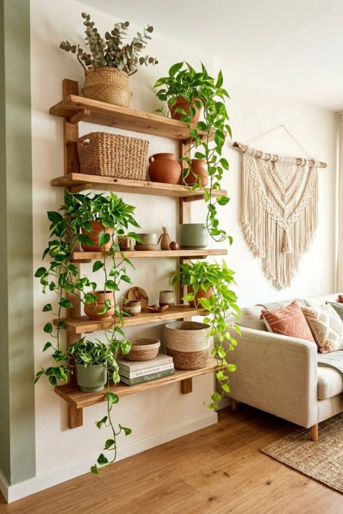 Clean Nordic wooden plant wall shelves