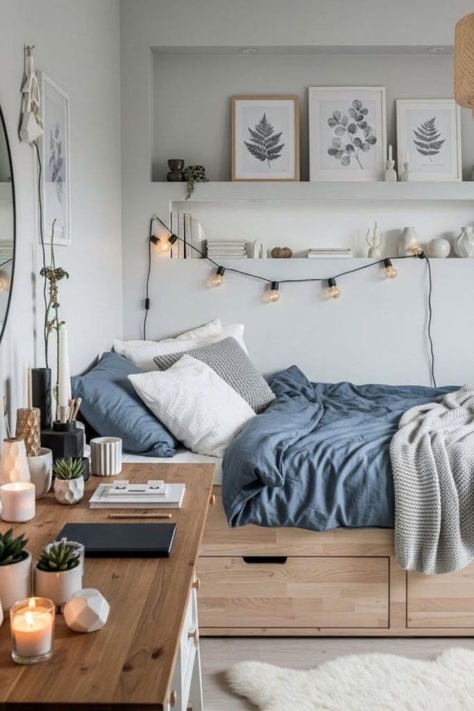 Scandinavian dorm with light wooden furniture.