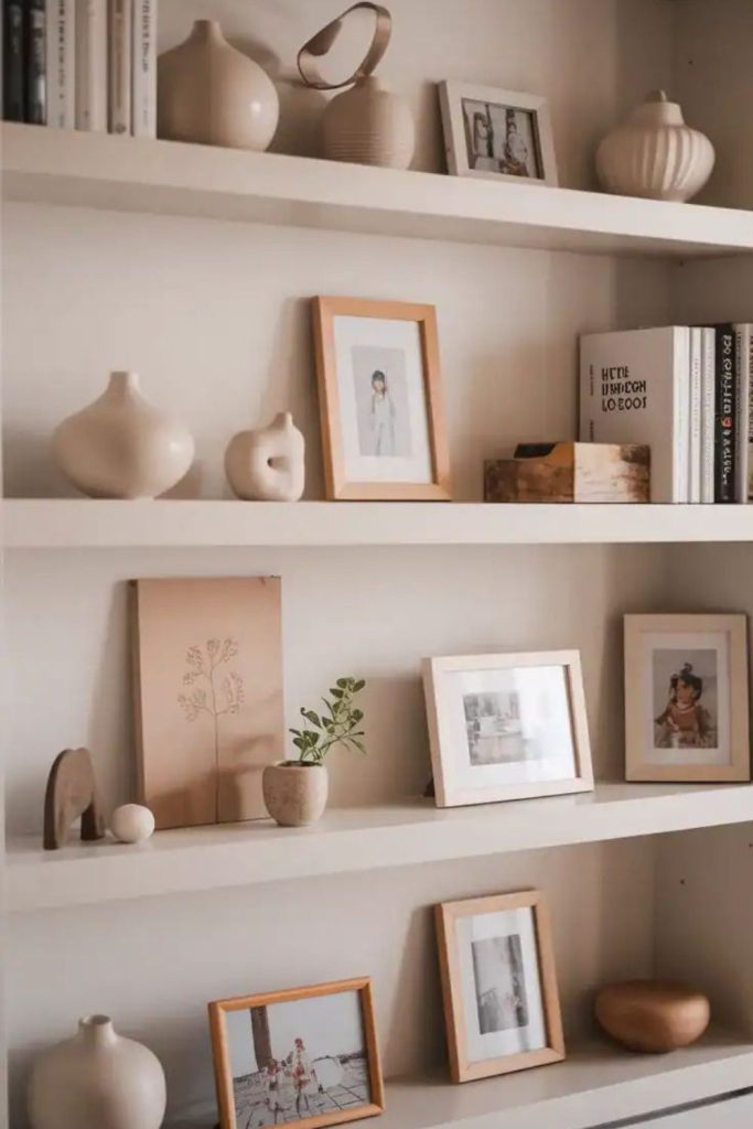 Scandinavian minimalist shelf decor styling.