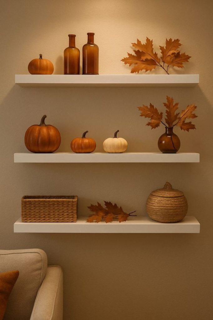 Seasonal decorative shelf styling setup.