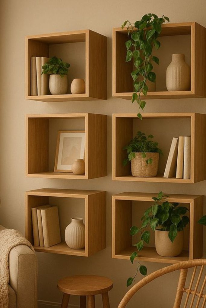 Geometric shadow box wall shelf display.
