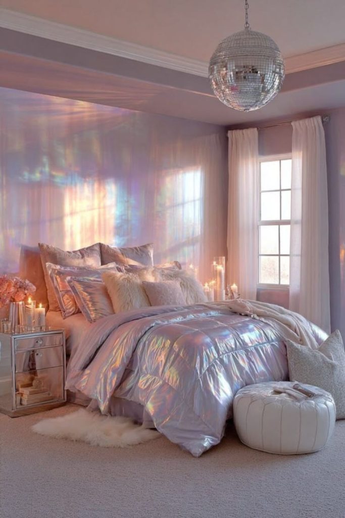 Chrome futuristic bedroom with neon accents.