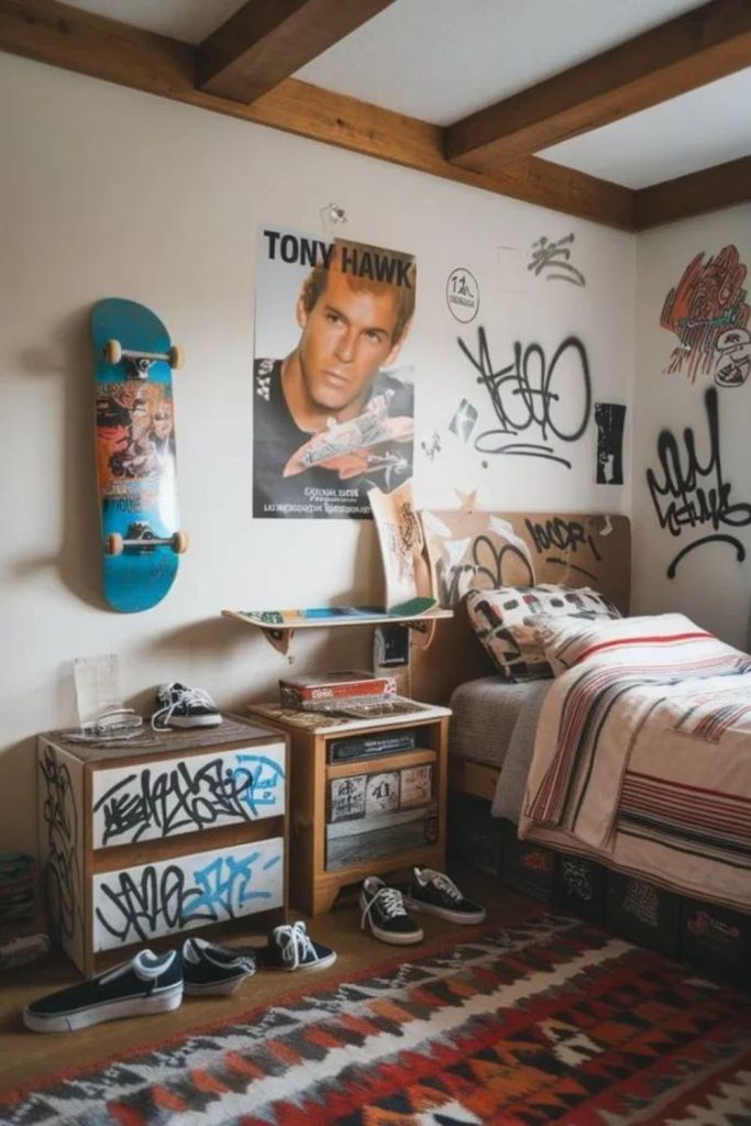 Skateboard-inspired bedroom with urban style.