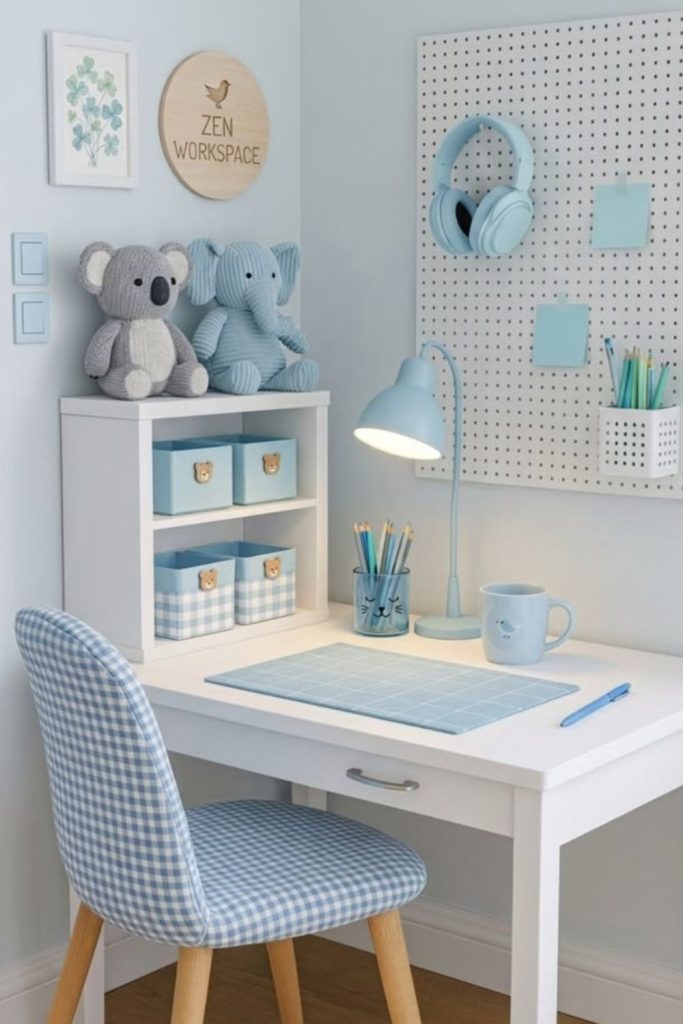 Soft blue calming dorm workspace.