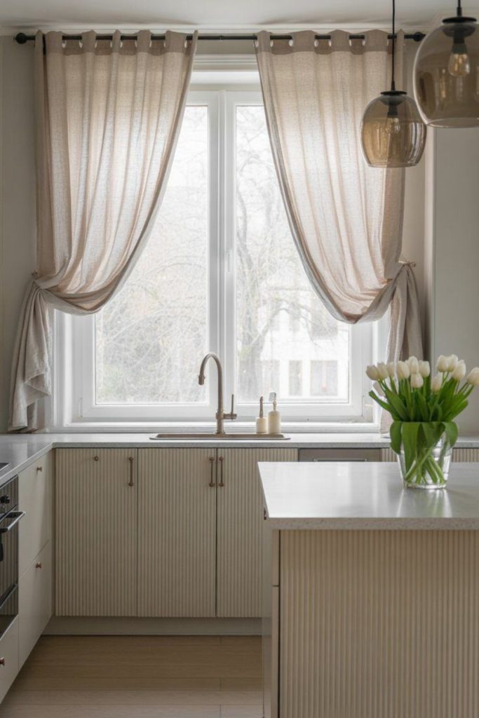 Soft grey linen kitchen curtains calm modern look